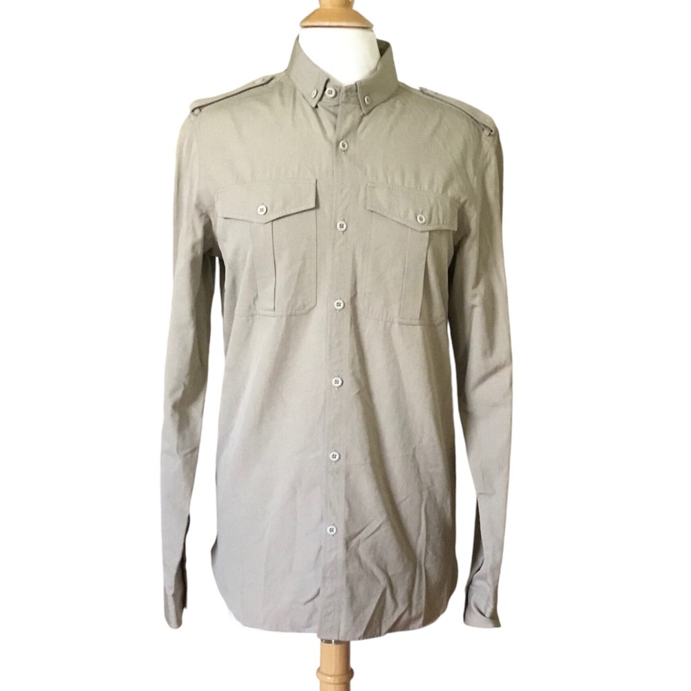 Authentic Burberry Men’s Military Epaulette Twill Cotton Button Down Shirt